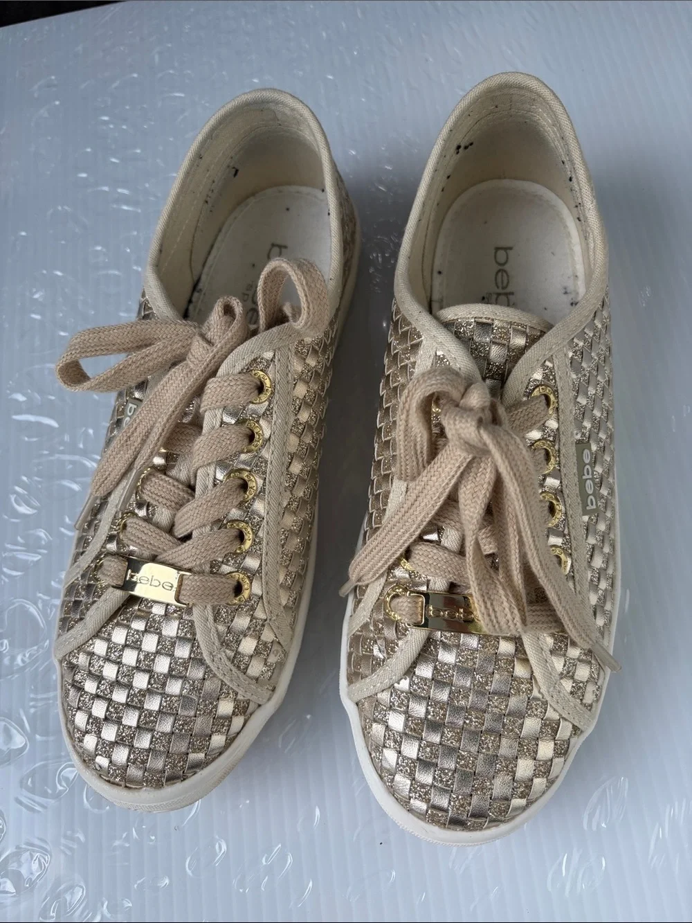 bebe Metallic Beige Woven Lace-Up Sneakers with Gold Accents